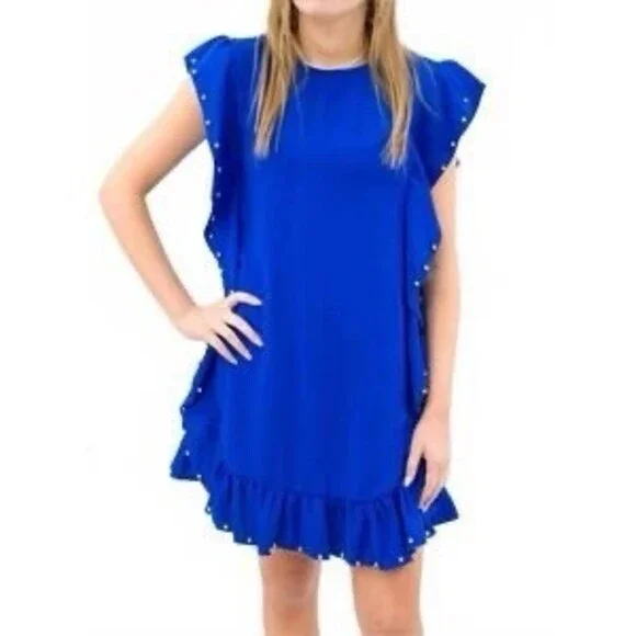 Glam Dress Womens Size M Royal Blue Studded Ruffle Trim Shift Mini - Picture 2 of 6